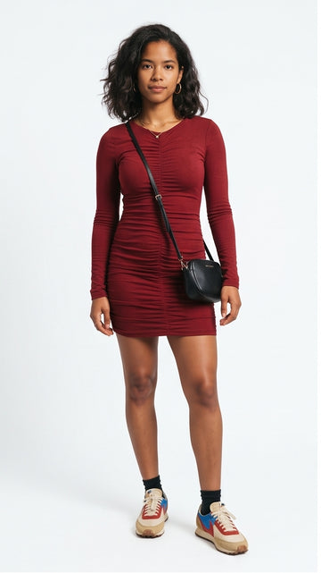 Ruched Bodycon Mini Dress in Deep Red