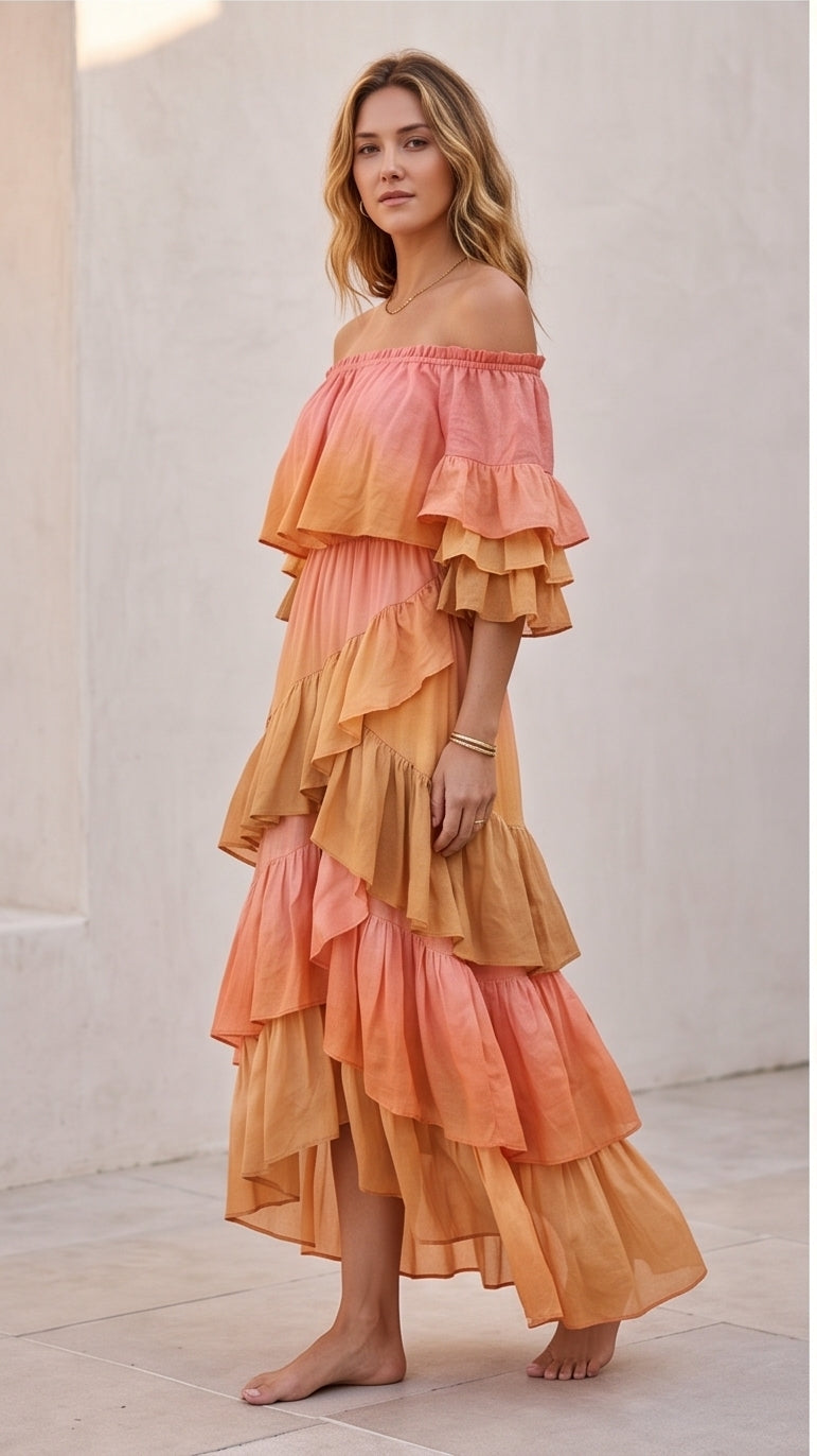 Sunset Ombré Ruffle Maxi Dress – Off-Shoulder Tiered Dress