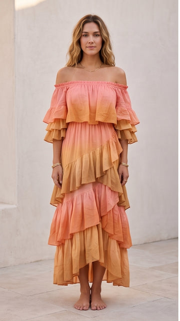 Sunset Ombré Ruffle Maxi Dress – Off-Shoulder Tiered Dress