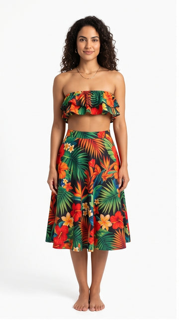 Ruffled Tropical Print Bandeau & Flare Skirt Set