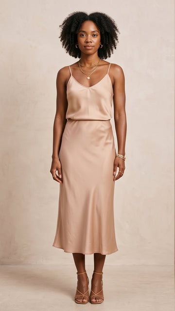 Nude Satin Camisole & Midi Skirt Set