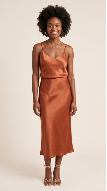 Copper Satin Slip Skirt & Cami Set