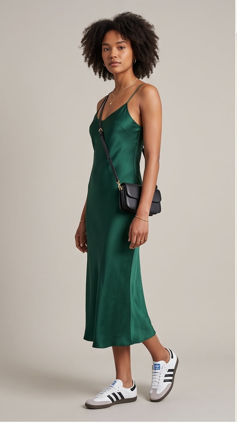 Emerald Satin Slip Dress with Thin Straps