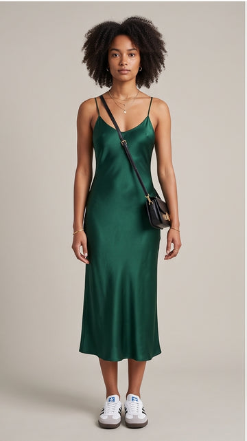 Emerald Satin Slip Dress with Thin Straps