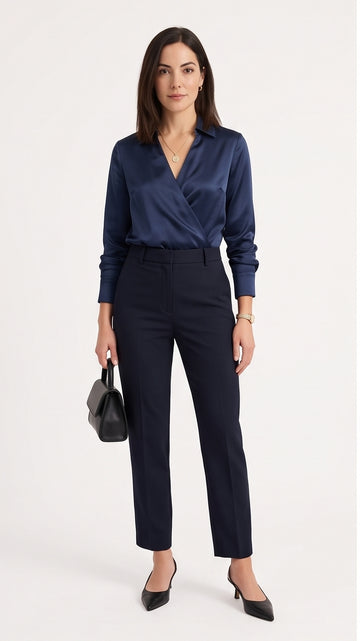 Midnight Blue Satin Long Sleeve Wrap Blouse
