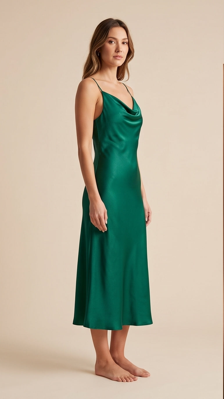 Emerald Green Silk Cowl-Neck Slip Dress
