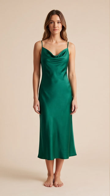 Emerald Green Silk Cowl-Neck Slip Dress