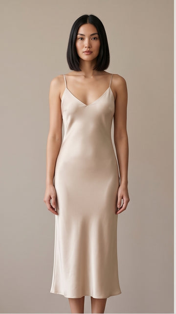 Champagne Silky Bias-Cut Slip Dress