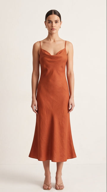 Burnt Orange Silk-Linen Slip Dress
