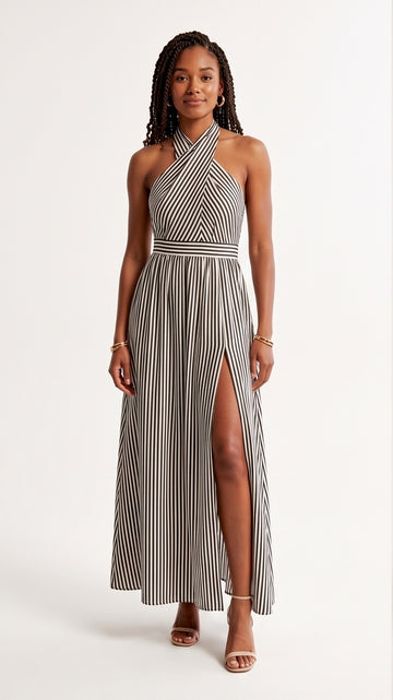 Black & White Striped Halter Maxi Dress