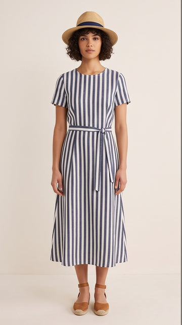Navy Striped Linen Midi Dress