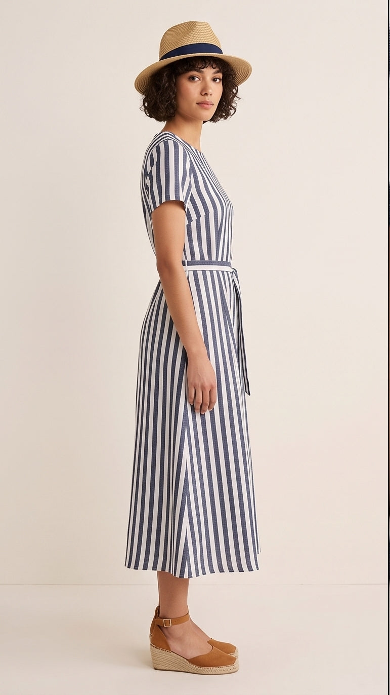 Navy Striped Linen Midi Dress