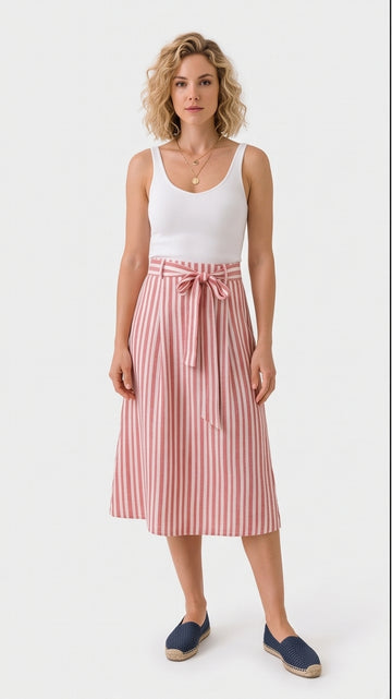 Red & White Striped Linen Midi Skirt