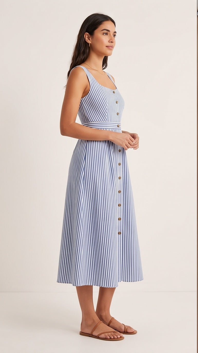 Blue Striped Cotton Button-Front Midi Dress