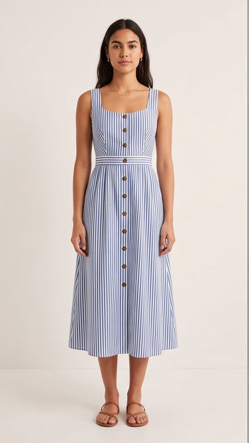 Blue Striped Cotton Button-Front Midi Dress