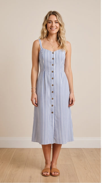 Striped Cotton Button-Front Midi Dress