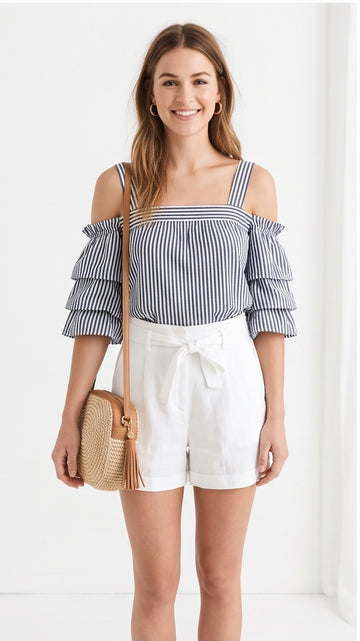 Navy Striped Off-Shoulder Top for Nautical Cruise Style
