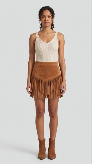 Caramel Suede Fringe Mini Skirt