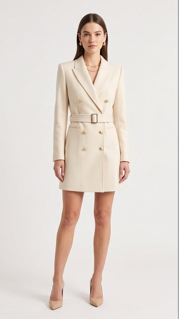 Cream Double-Breasted Tailored Blazer Dress