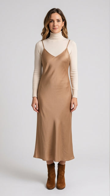 Tan Satin Slip Dress for Layered