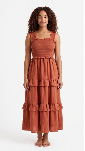 Terracotta Tiered Ruffle Maxi Dress