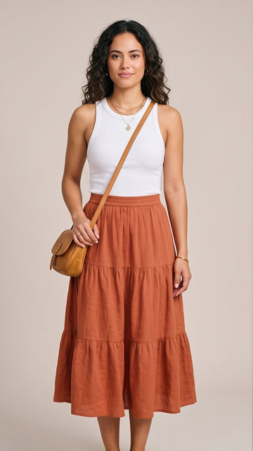 Terracotta Tiered Midi Skirt for Port Day Outfits