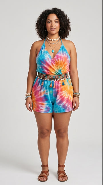 Curvy Tie-Dye Halter Festival Romper
