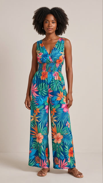 Tropical Print Wide-Leg Jumpsuit for Vacation