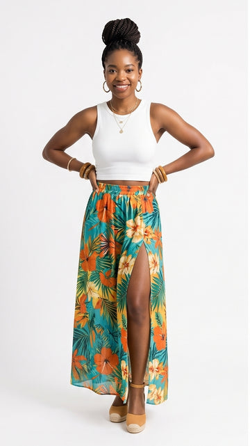 Tropical Print High-Slit Maxi Skirt