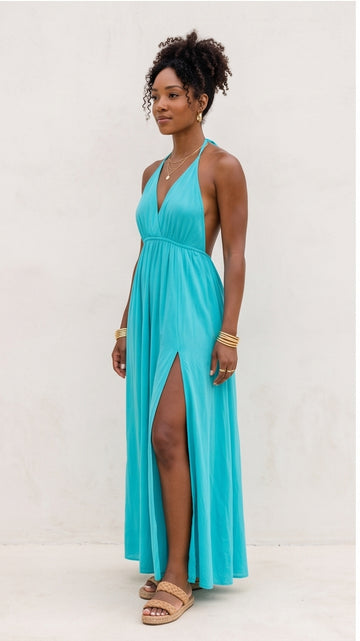 Turquoise Halter Maxi Dress with Slit