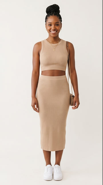 Ribbed Two-Piece Crop Top & Midi Skirt Set