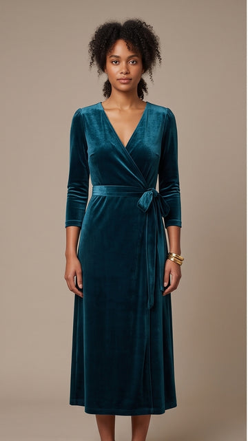Deep Teal Velvet Wrap Midi Dress