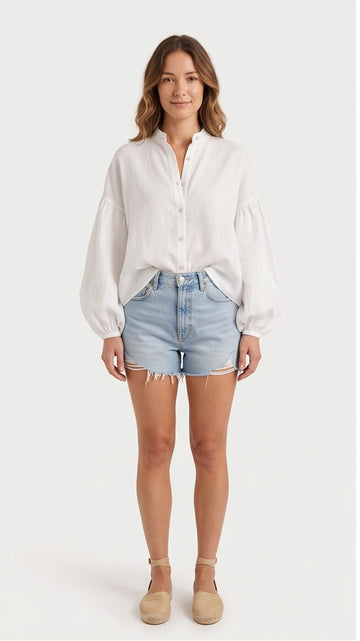 White Linen Blouse – Billowy Sleeve Top