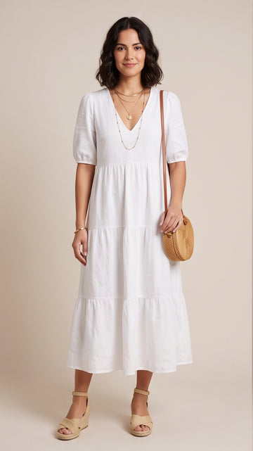 White Linen Tiered Midi Dress