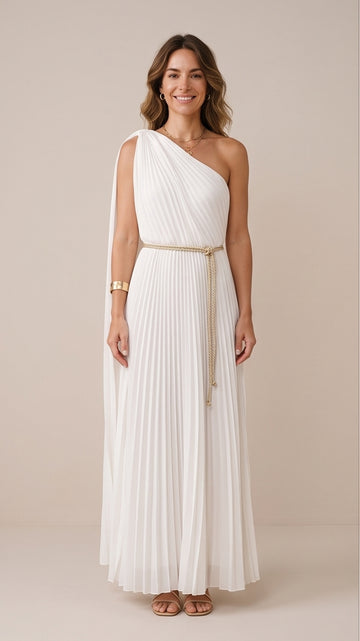 White Pleated One-Shoulder Maxi Gown