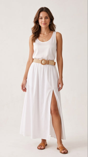 White Cotton High-Slit Maxi Skirt