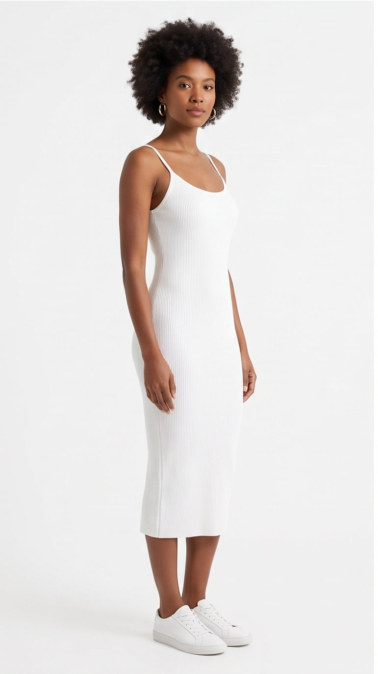 White Ribbed Fitted Midi Dress