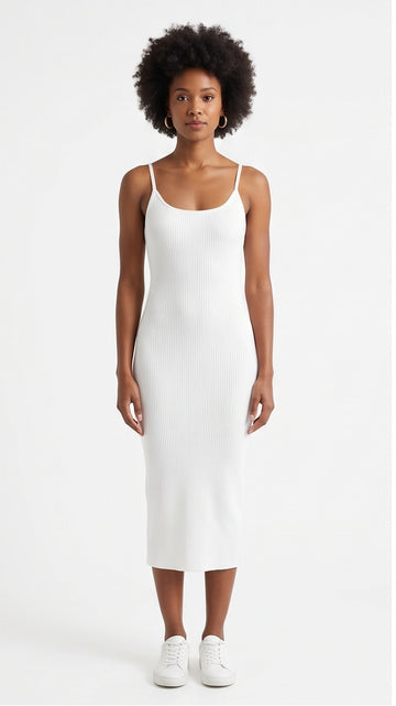 White Ribbed Fitted Midi Dress