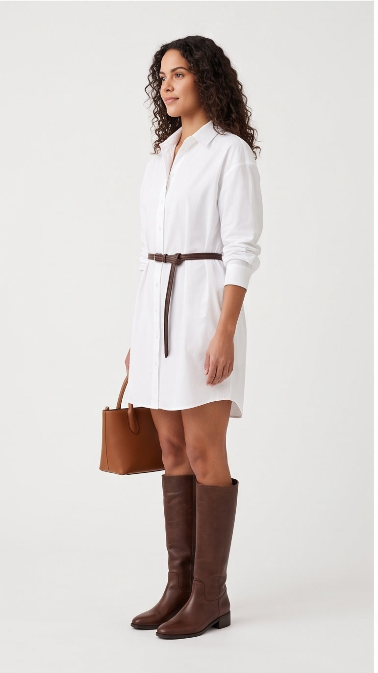 White Oversized Poplin Shirt Dress Collared Mid-Thigh
