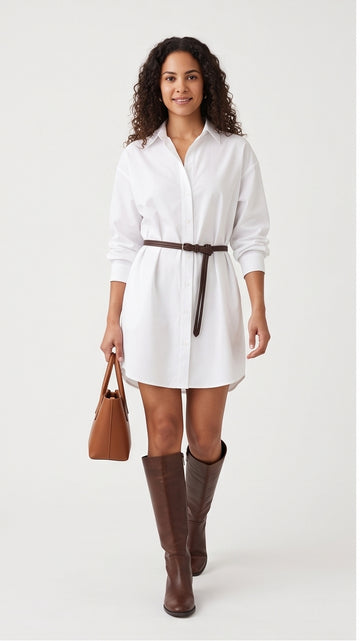 White Oversized Poplin Shirt Dress Collared Mid-Thigh
