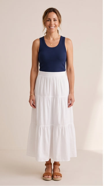 White Tiered Cotton Maxi Skirt