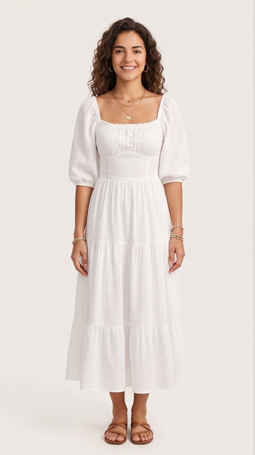 White Tiered Cotton Puff-Sleeve Sundress