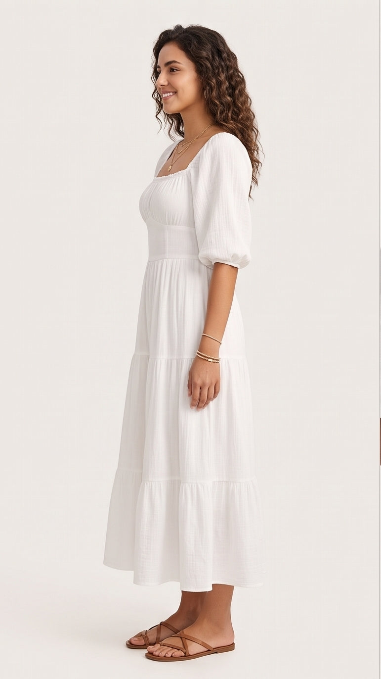 White Tiered Cotton Puff-Sleeve Sundress