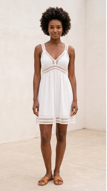 White Crochet-Trim Beach Sundress for Cruise Excursions