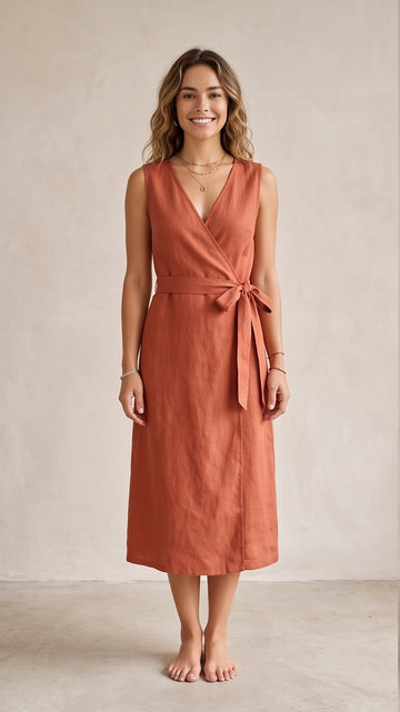 Terracotta Wrap Midi Dress with Tie Waist
