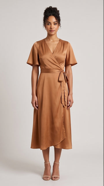 Caramel Silky Wrap Midi Dress