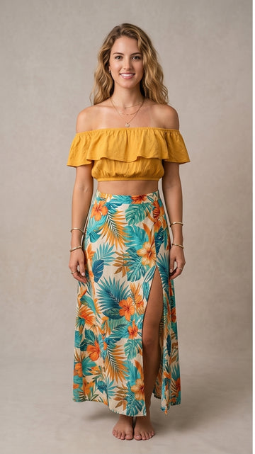 Golden Off-Shoulder Crop Top & Tropical Maxi Skirt Set