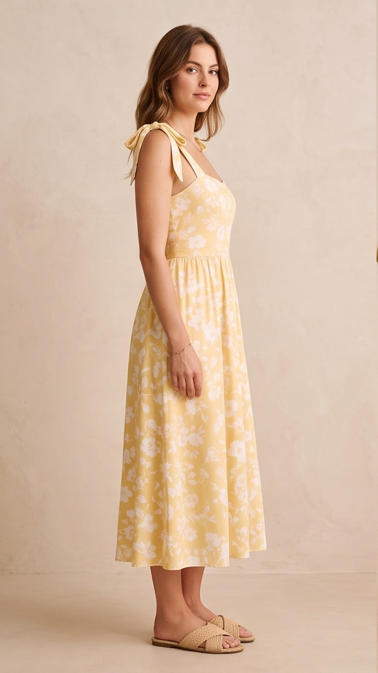 Yellow Floral Tie-Strap Midi Dress