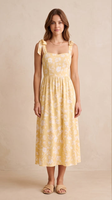 Yellow Floral Tie-Strap Midi Dress