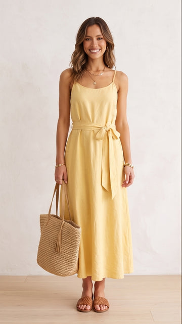 Butter Yellow Linen Maxi Dress for Cruise Travel